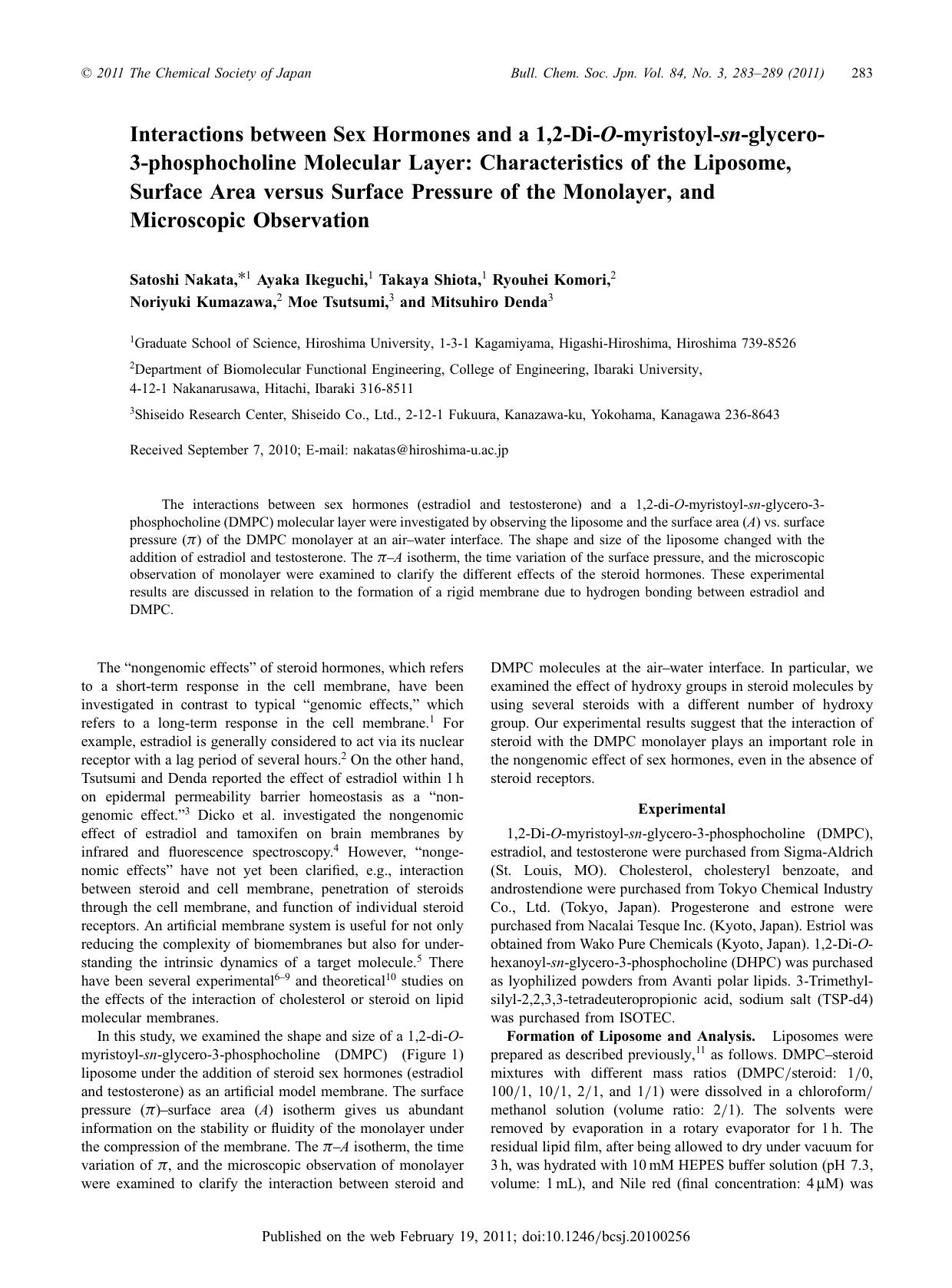 Interactions between Sex Hormones and a 1,2-Di-O-myristoyl-sn-glycero-3-phosphocholine Molecular Layer: Characteristics of the Liposome, Surface Area versus Surface Pressure of the by （社）日本化学会　The Chemical Society of Japan