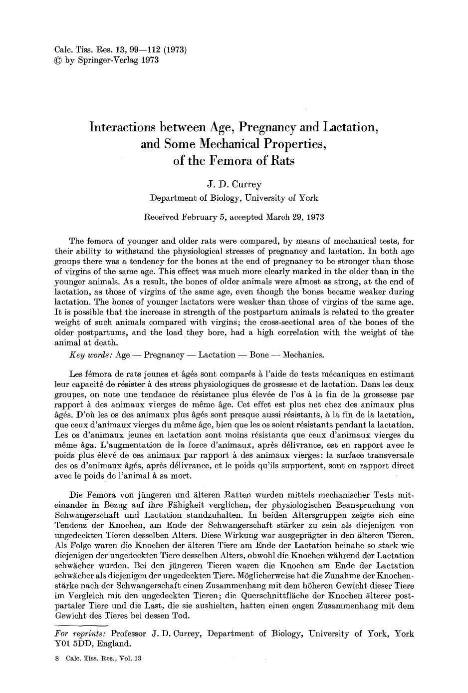 Interactions between age, pregnancy and lactation, and some mechanical properties, of the femora of rats by Unknown