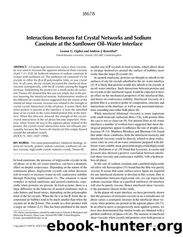 Interactions between fat crystal networks and sodium caseinate at the sunflower oil-water interface by Unknown