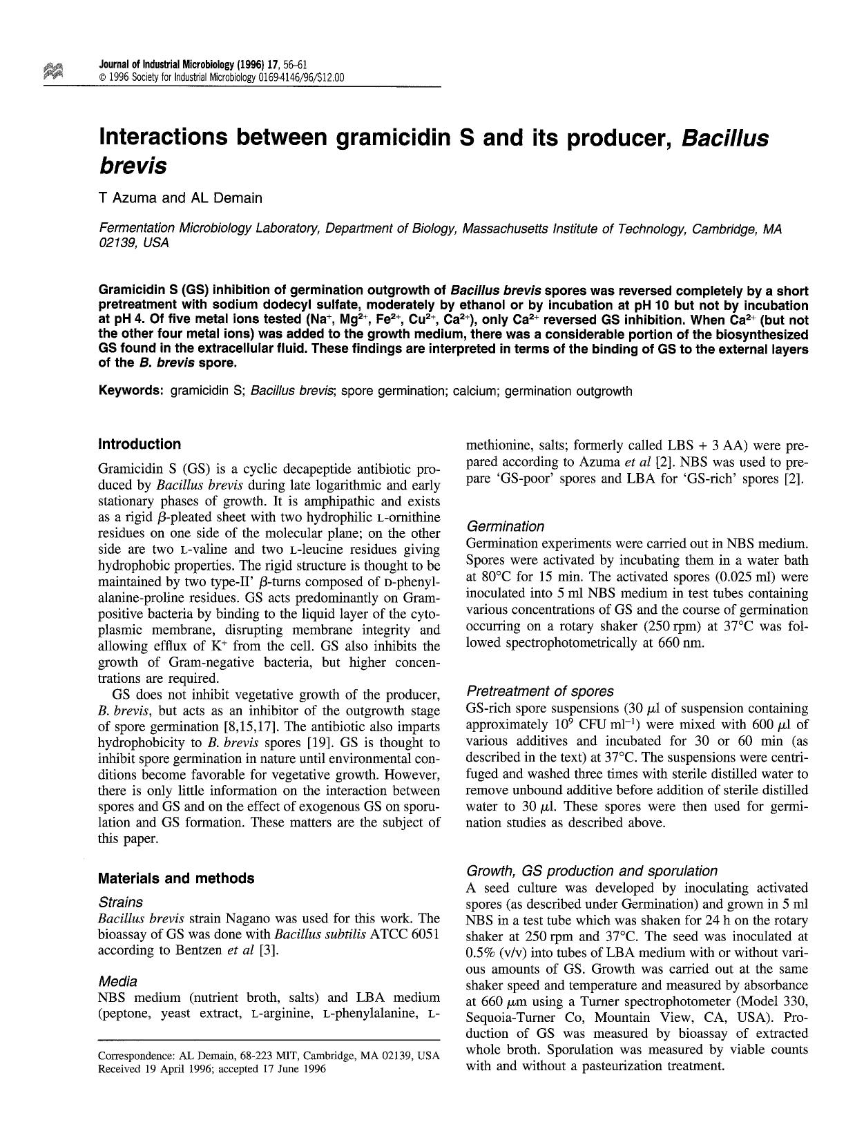 Interactions between gramicidin S and its producer, <Emphasis Type="Italic">Bacillus brevis <Emphasis> by Unknown