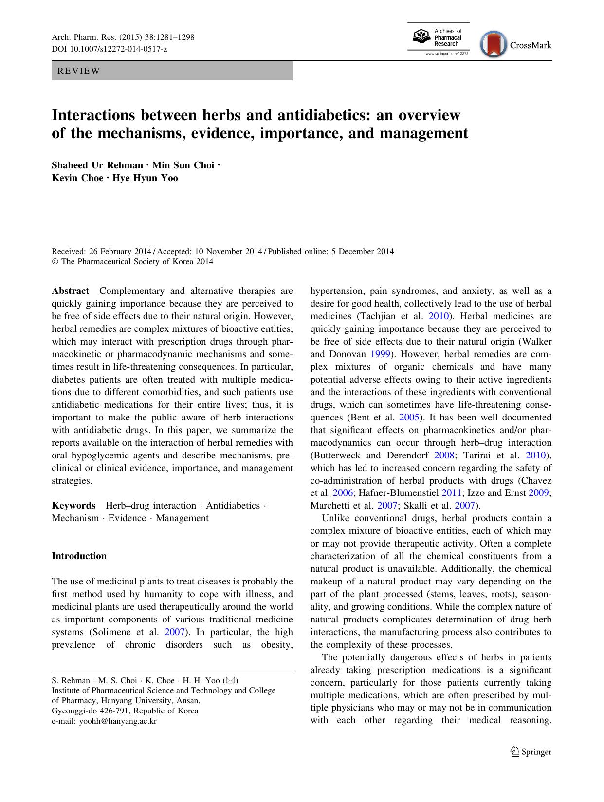 Interactions between herbs and antidiabetics: an overview of the mechanisms, evidence, importance, and management by Shaheed Ur Rehman & Min Sun Choi & Kevin Choe & Hye Hyun Yoo