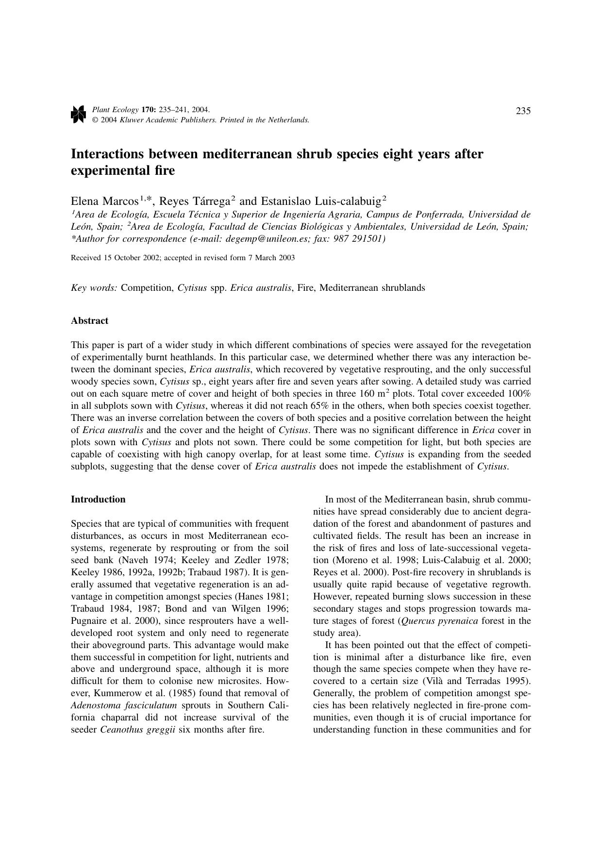 Interactions between mediterranean shrub species eight years after experimental fire by Unknown