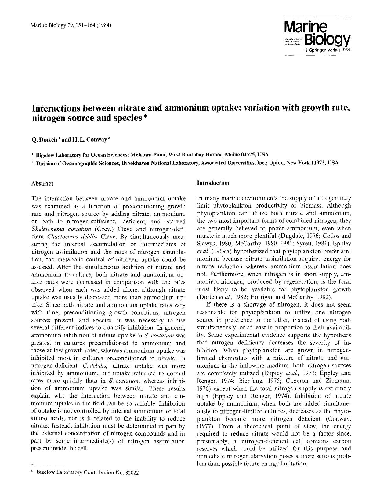Interactions between nitrate and ammonium uptake: variation with growth rate, nitrogen source and species by Unknown