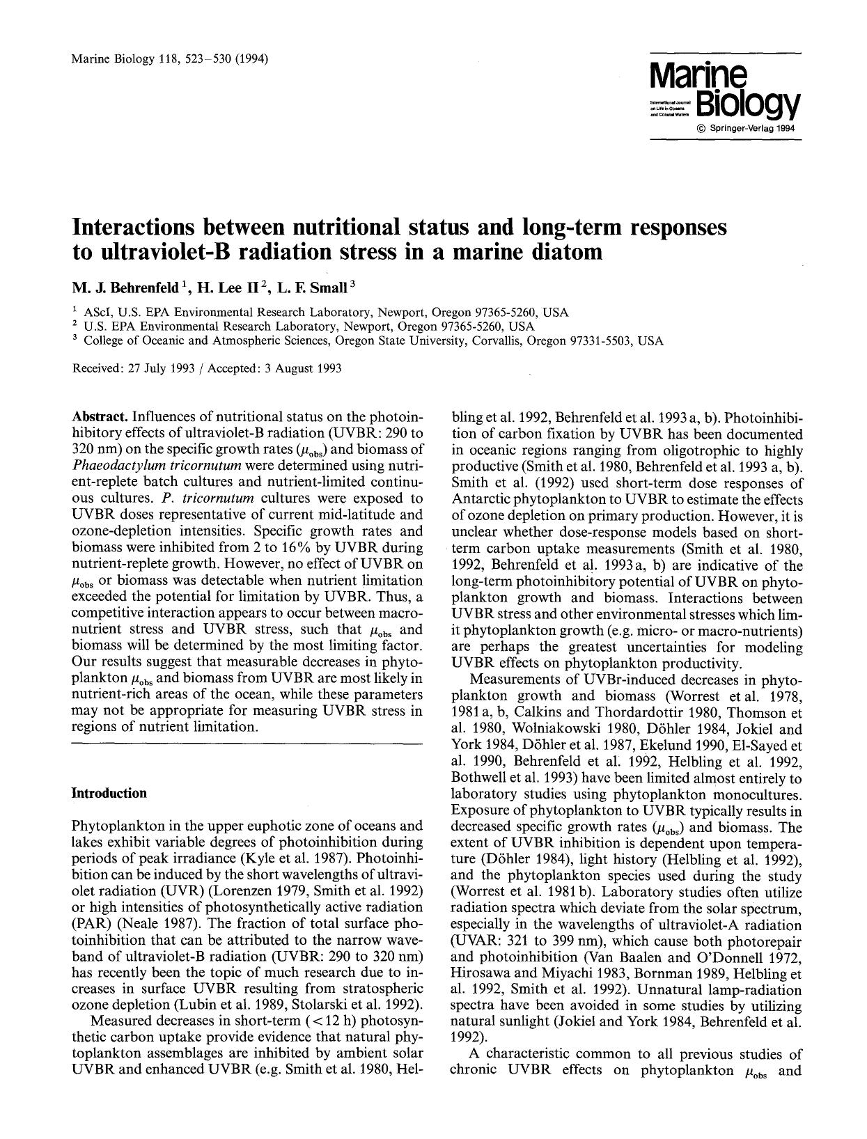 Interactions between nutritional status and long-term responses to ultraviolet-B radiation stress in a marine diatom by Unknown