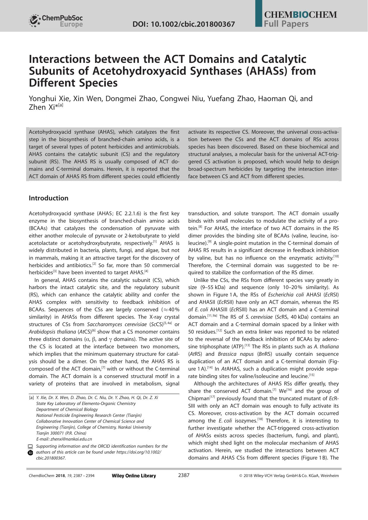 Interactions between the ACT Domains and Catalytic Subunits of Acetohydroxyacid Synthases (AHASs) from Different Species by Unknown