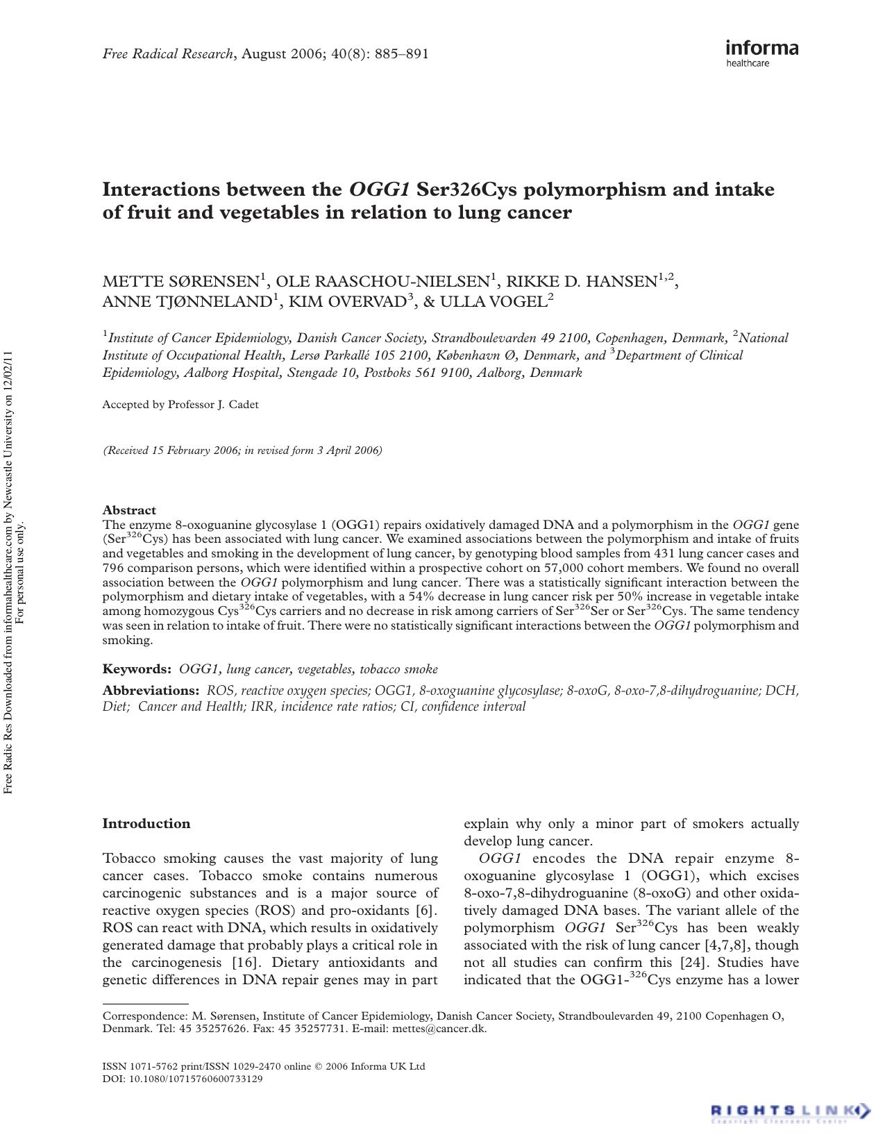 Interactions between the OGG1 Ser326Cys polymorphism and intake of fruit and vegetables in relation to lung cancer by unknow
