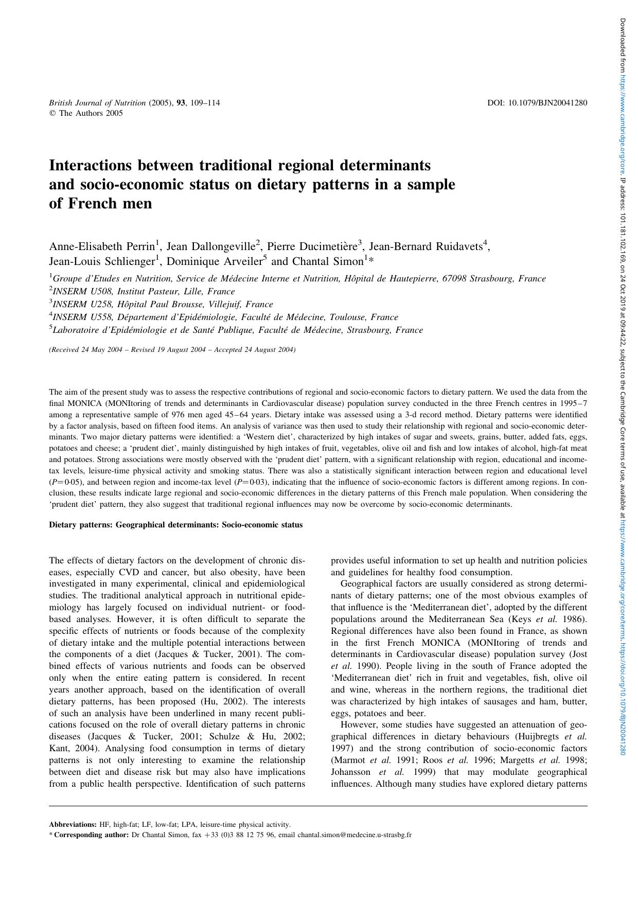 Interactions between traditional regional determinants and socio-economic status on dietary patterns in a sample of French men by unknow