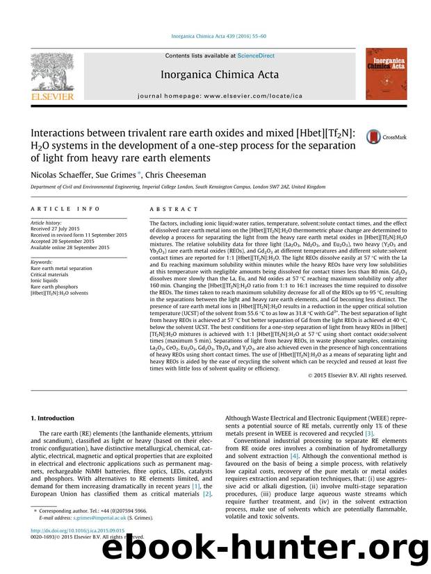 Interactions between trivalent rare earth oxides and mixed [Hbet][Tf2N]:H2O systems in the development of a one-step process for the separation of light from heavy rare earth elements by Nicolas Schaeffer & Sue Grimes & Chris Cheeseman