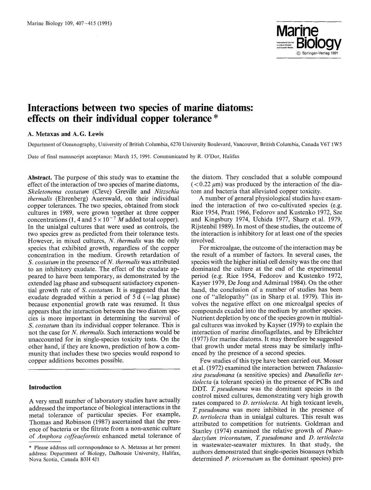 Interactions between two species of marine diatoms: Effects on their individual copper tolerance by Unknown