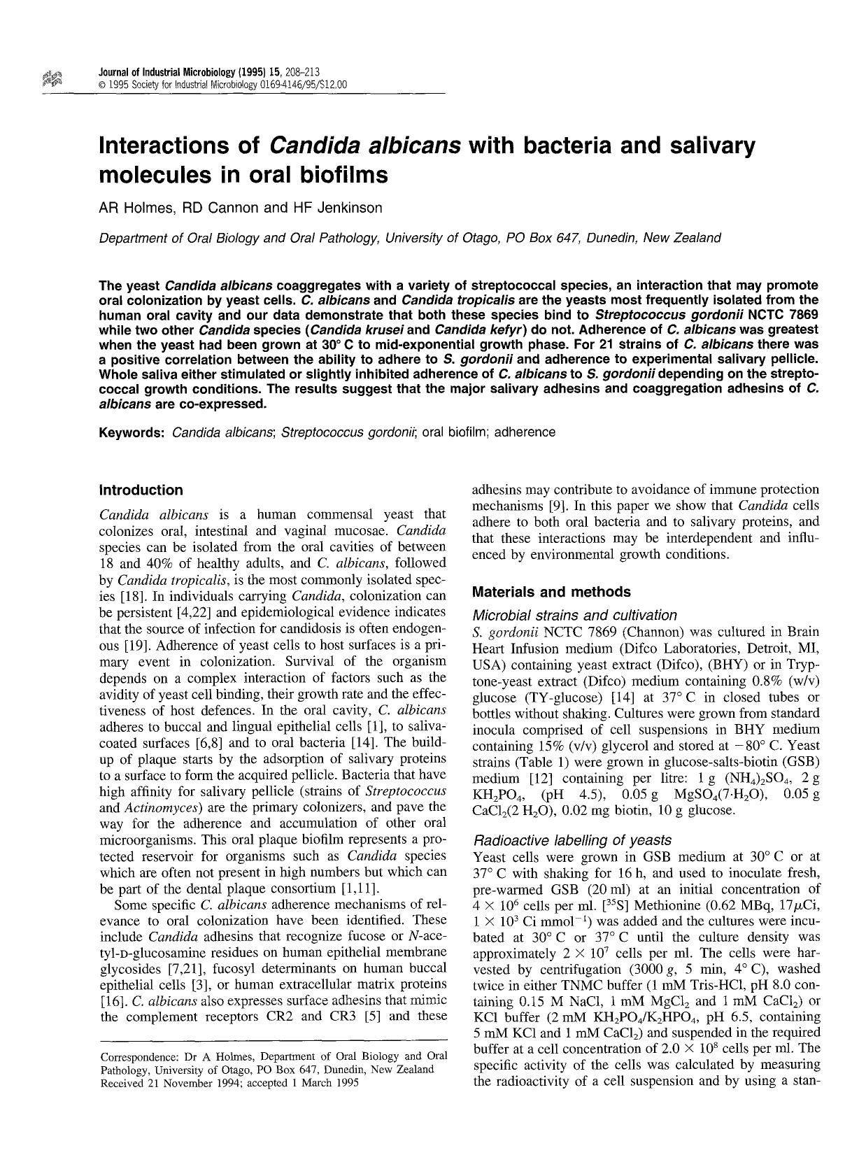 Interactions of <Emphasis Type="Italic">Candida albicans <Emphasis> with bacteria and salivary molecules in oral biofilms by Unknown