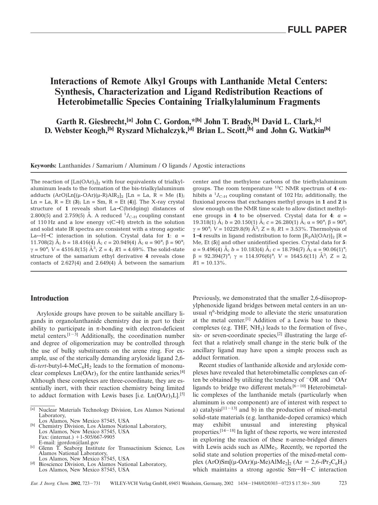 Interactions of Remote Alkyl Groups with Lanthanide Metal Centers: Synthesis, Characterization and Ligand Redistribution Reactions of Heterobimetallic Species Containing Trialkylaluminum Fragments by Unknown