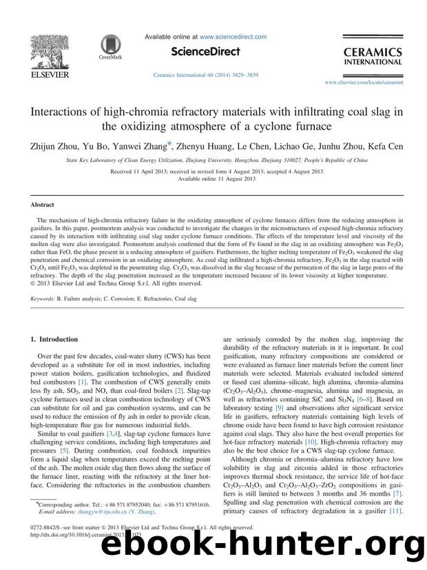 Interactions of high-chromia refractory materials with infiltrating coal slag in the oxidizing atmosphere of a cyclone furnace by Zhijun Zhou & Yu Bo & Yanwei Zhang & Zhenyu Huang & Le Chen & Lichao Ge & Junhu Zhou & Kefa Cen