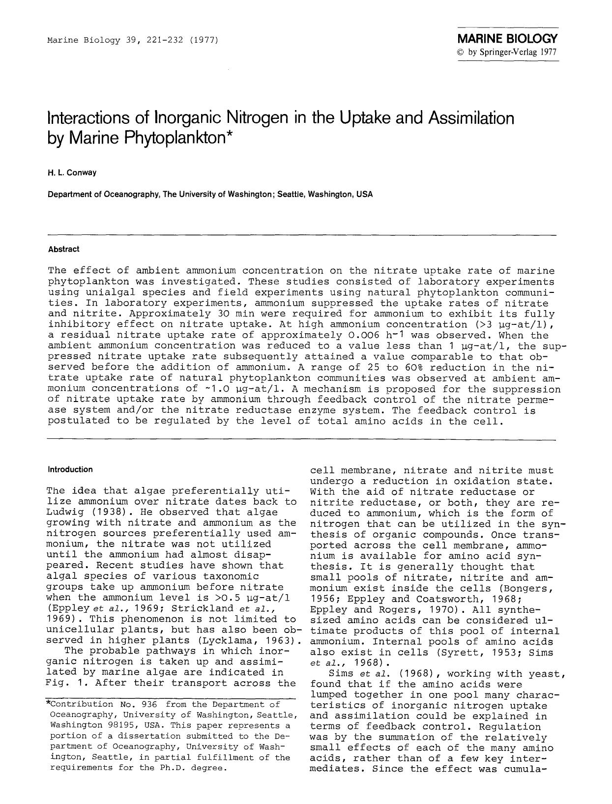 Interactions of inorganic nitrogen in the uptake and assimilation by marine phytoplankton by Unknown