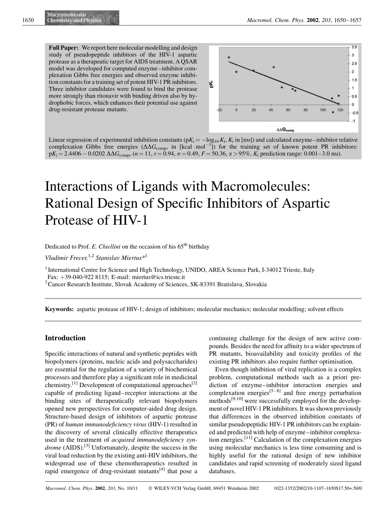 Interactions of ligands with macromolecules: Rational design of specific inhibitors of aspartic protease of HIV-1 by Unknown