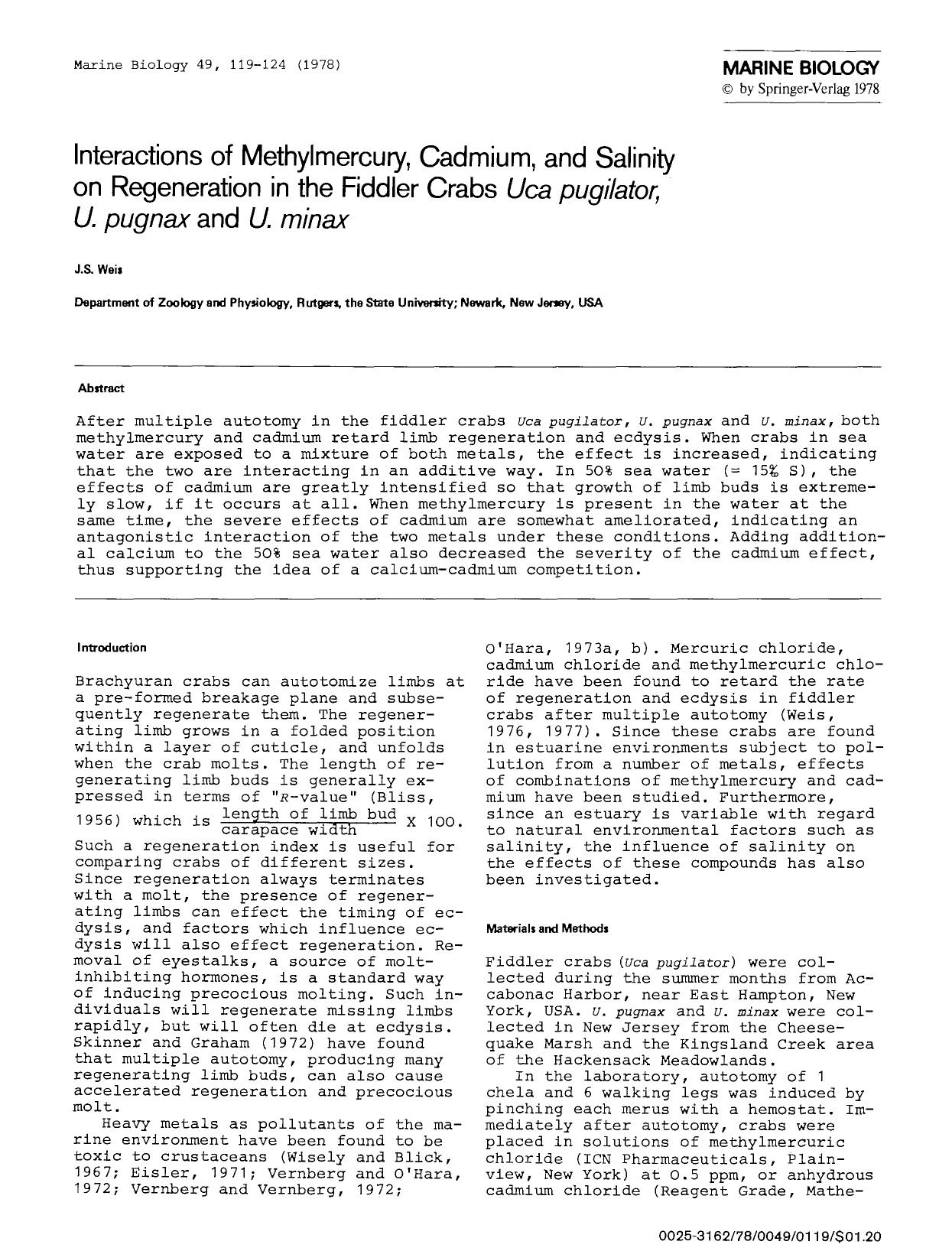 Interactions of methylmercury, cadmium, and salinity on regeneration in the fiddler crabs <Emphasis Type="Italic">Uca pugilator, U. pugnax<Emphasis> and <Emphasis Type="Italic">U. minax<Emphasis> by Unknown