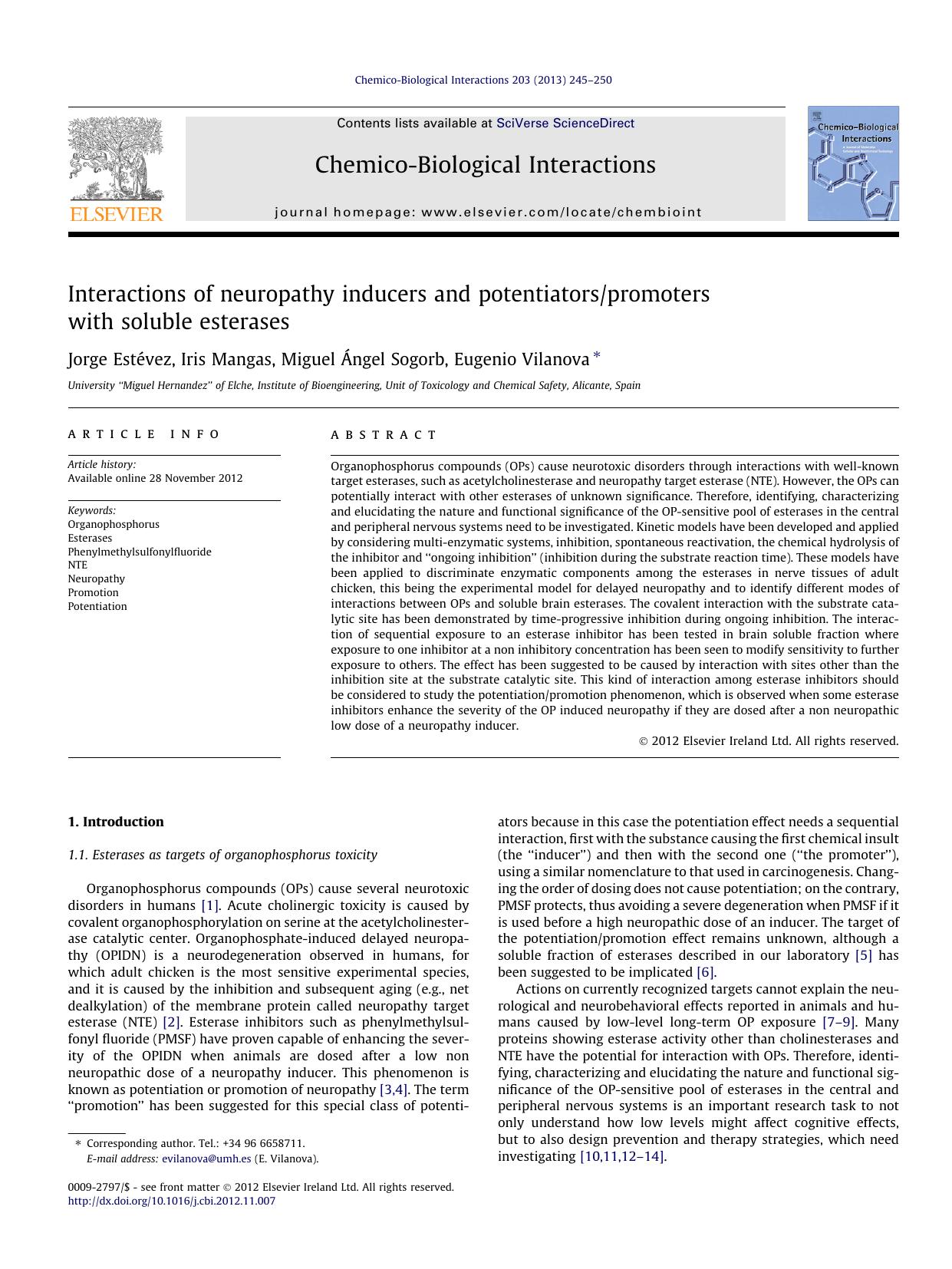 Interactions of neuropathy inducers and potentiatorspromoters with soluble esterases by Jorge EstÃ©vez & Iris Mangas & Miguel Ángel Sogorb & Eugenio Vilanova