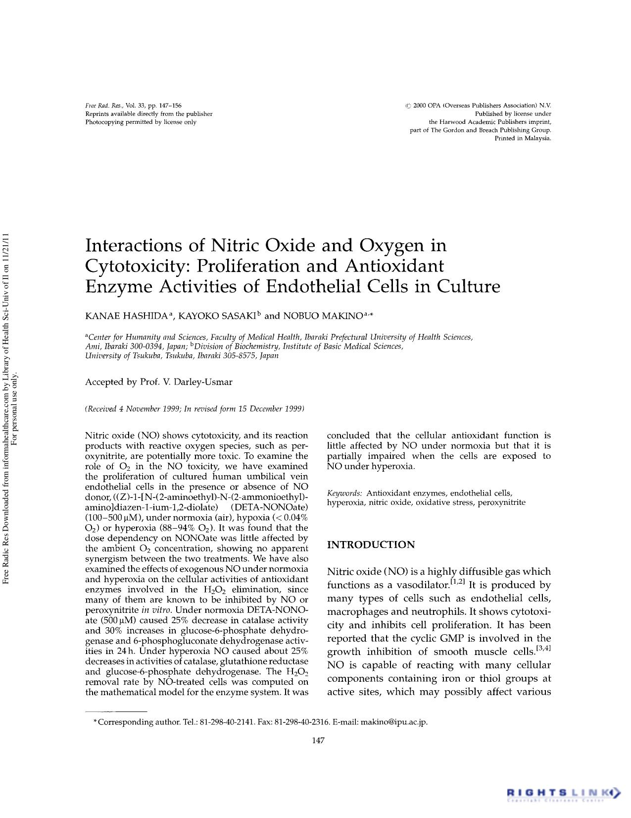 Interactions of nitric oxide and oxygen in cytotoxicity: Proliferation and antioxidant enzyme activities of endothelial cells in culture by Kanae Hashida Kayoko Sasaki & Nobuo Makino