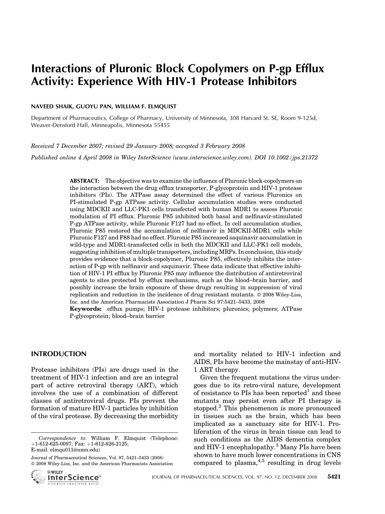 Interactions of pluronic block copolymers on P-gp efflux activity: Experience with HIV-1 protease inhibitors by Unknown
