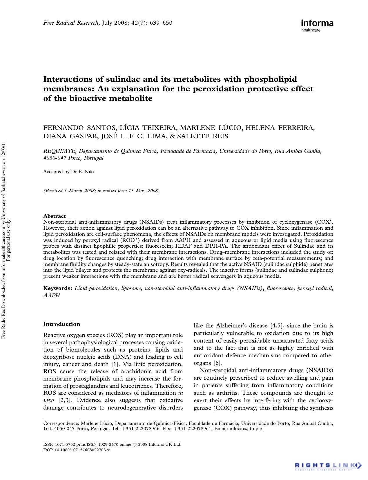 Interactions of sulindac and its metabolites with phospholipid membranes: An explanation for the peroxidation protective effect of the bioactive metabolite by unknow