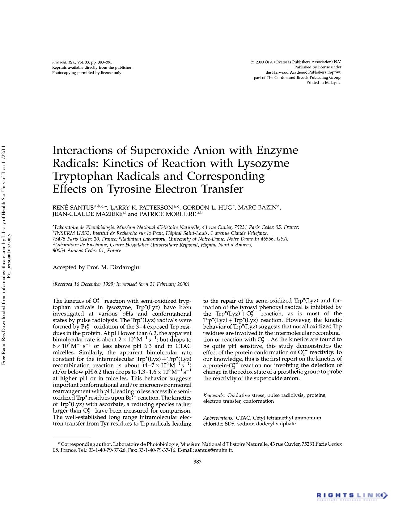 Interactions of superoxide anion with enzyme radicals: Kinetics of reaction with lysozyme tryptophan radicals and corresponding effects on tyrosine electron transfer by unknow
