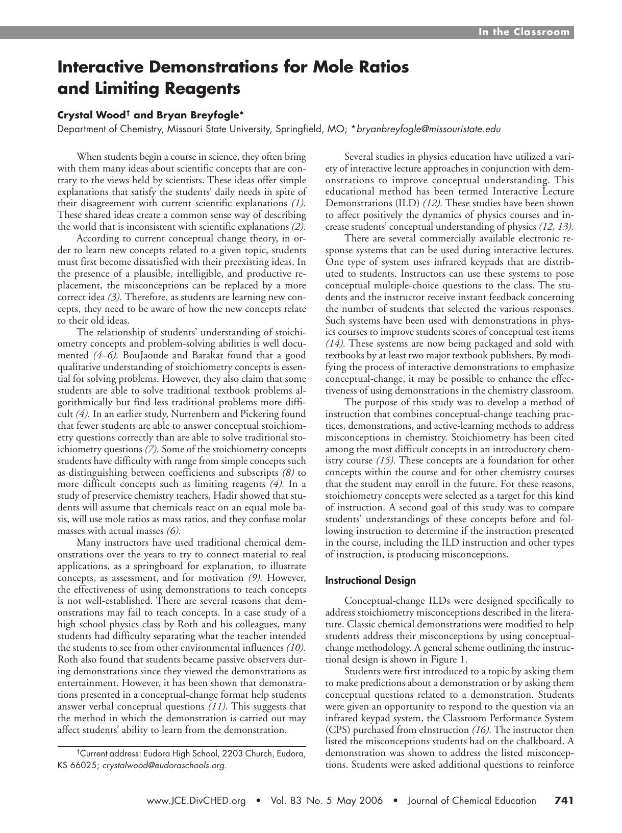 Interactive Demonstrations for Mole Ratios and Limiting Reagents by Crystal Wood & Bryan E. Breyfogle