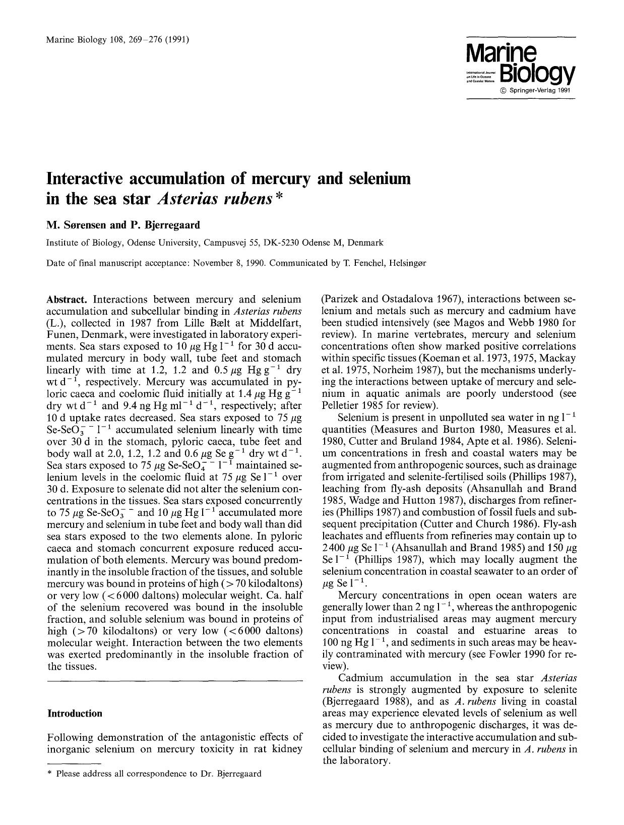 Interactive accumulation of mercury and selenium in the sea star <Emphasis Type="Italic">Asterias rubens <Emphasis> by Unknown