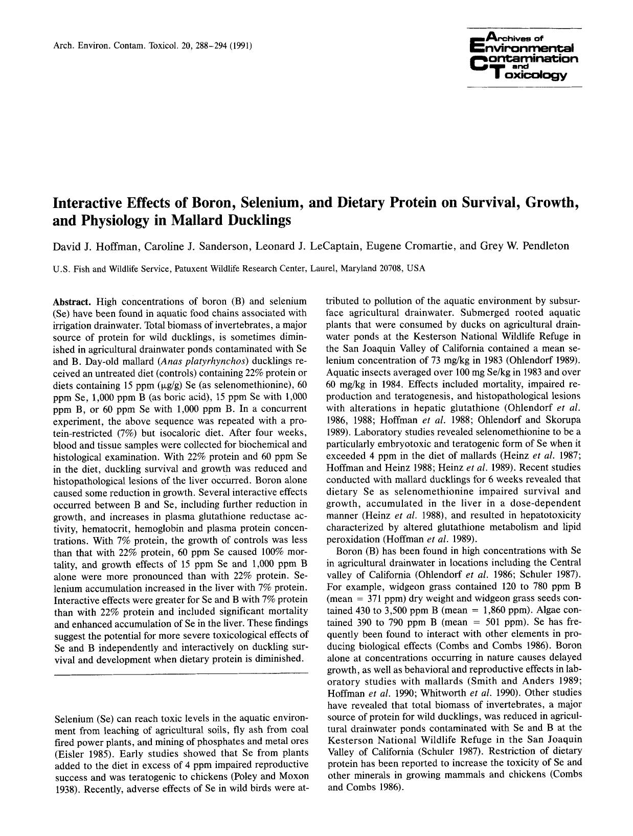 Interactive effects of boron, selenium, and dietary protein on survival, growth, and physiology in mallard ducklings by Unknown