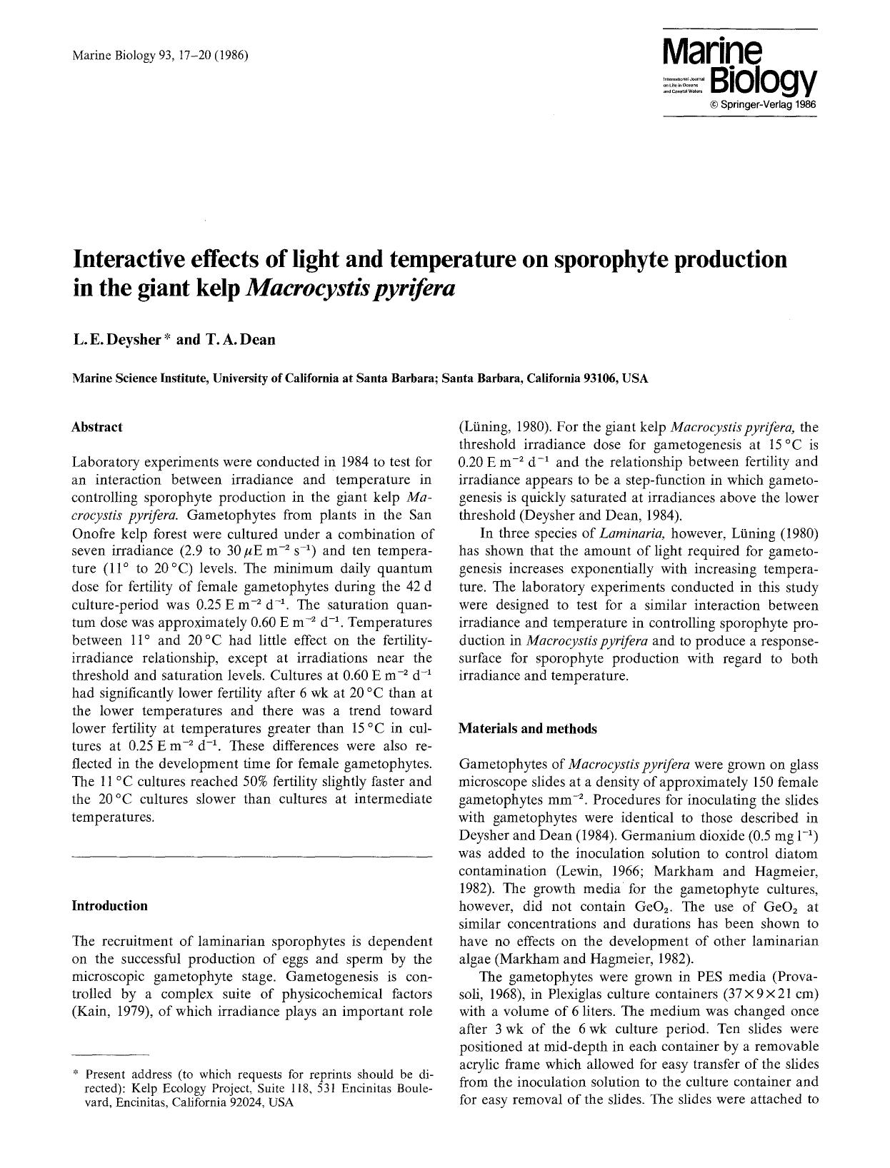Interactive effects of light and temperature on sporophyte production in the giant kelp <Emphasis Type="Italic">Macrocystis pyrifera<Emphasis> by Unknown