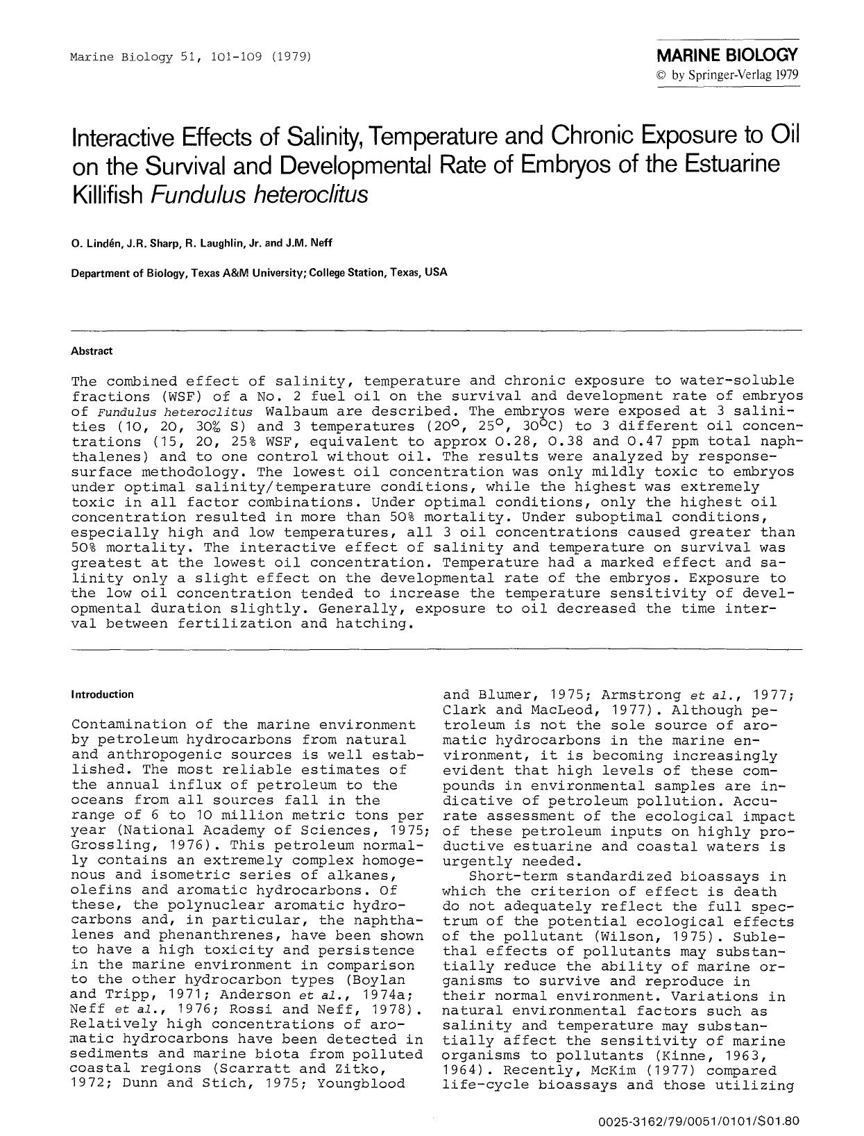 Interactive effects of salinity, temperature and chronic exposure to oil on the survival and developmental rate of embryos of the estuarine killifish <Emphasis Type="Italic">Fundul by Unknown