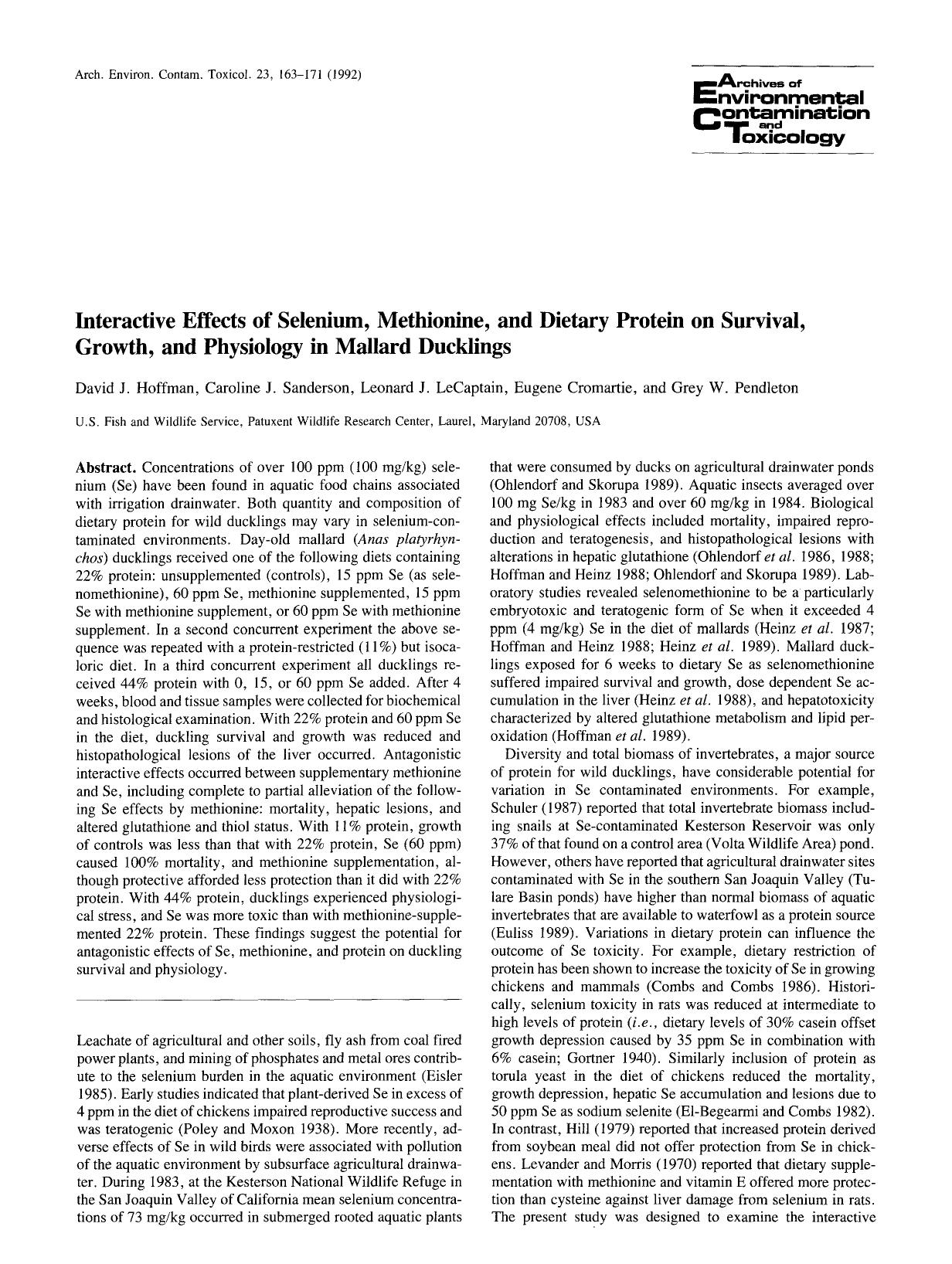 Interactive effects of selenium, methionine, and dietary protein on survival, growth, and physiology in mallard ducklings by Unknown