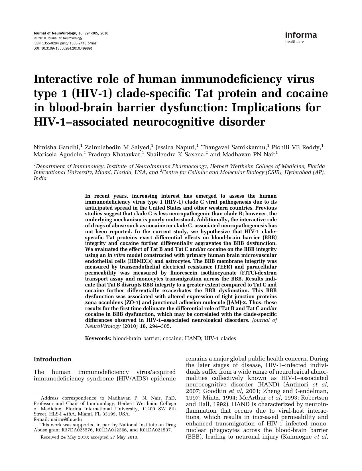 Interactive role of human immunodeficiency virus type 1 (HIV-1) clade-specific Tat protein and cocaine in blood-brain barrier dysfunction: Implications for HIV-1-associated neurocognitive disorder by Unknown