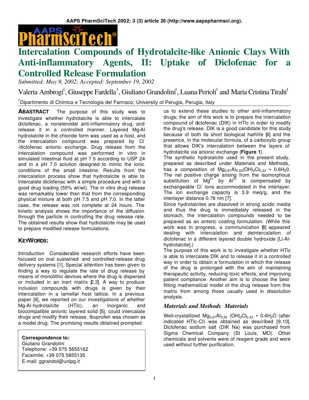 Intercalation compounds of hydrotalcite-like anionic clays with anti-inflammatory agents, II: Uptake of diclofenac for a controlled release formulation by Unknown