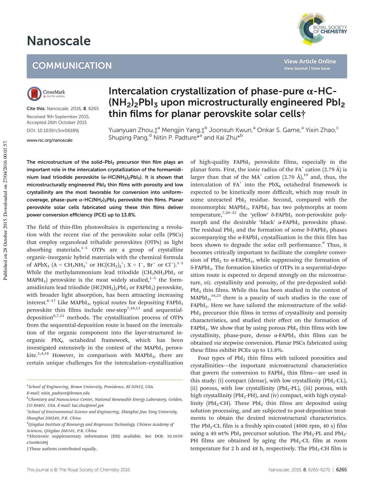 Intercalation crystallization of phase-pure Î±-HC(NH2)2PbI3 upon microstructurally engineered PbI2 thin films for planar perovskite solar cells by unknow
