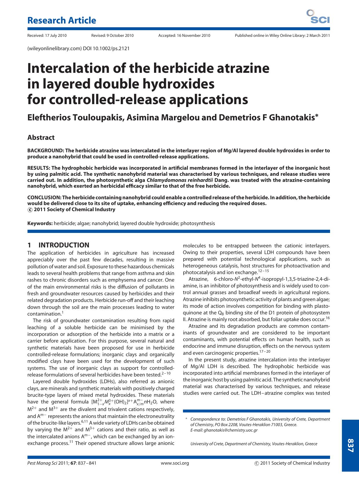 Intercalation of the herbicide atrazine in layered double hydroxides for controlledrelease applications by Unknown