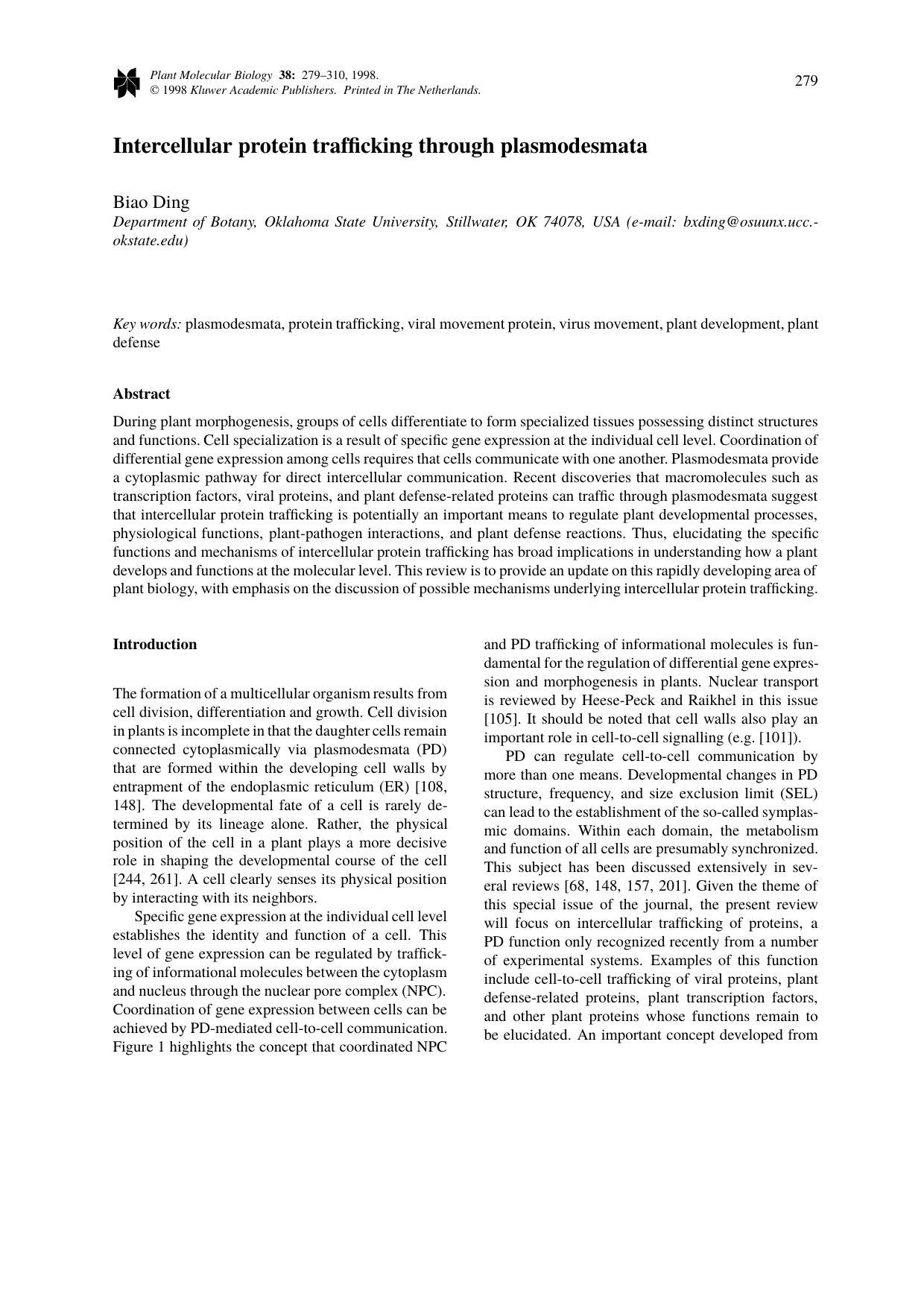 Intercellular protein trafficking through plasmodesmata by Unknown