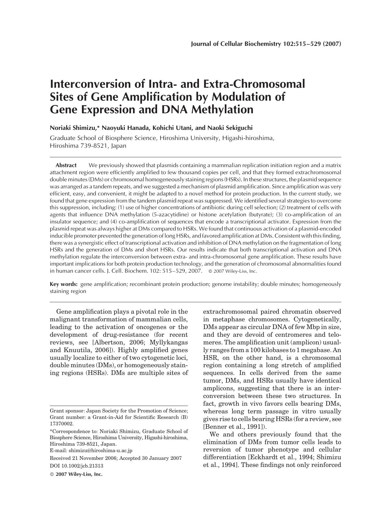 Interconversion of intra- and extra-chromosomal sites of gene amplification by modulation of gene expression and DNA methylation by Unknown