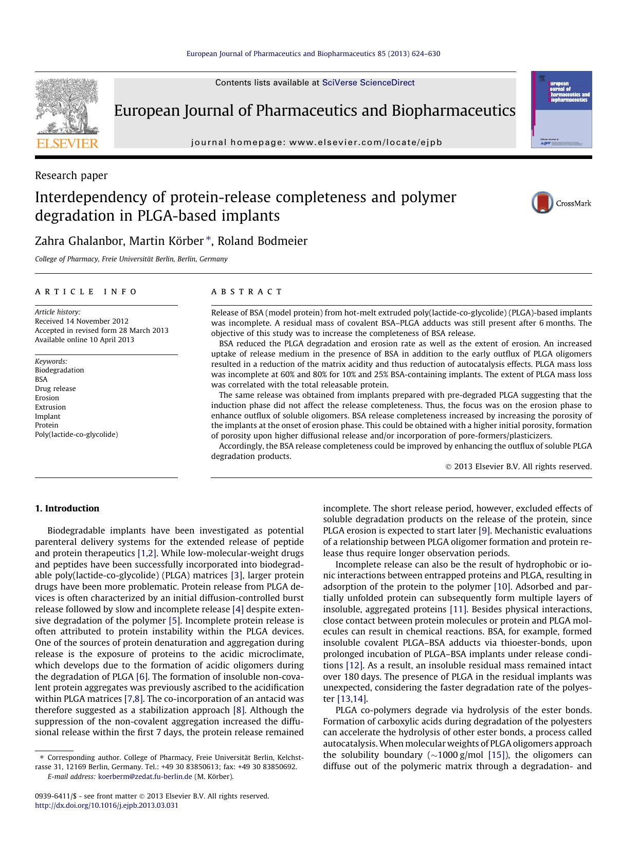 Interdependency of protein-release completeness and polymer degradation in PLGA-based implants by Zahra Ghalanbor & Martin Körber & Roland Bodmeier