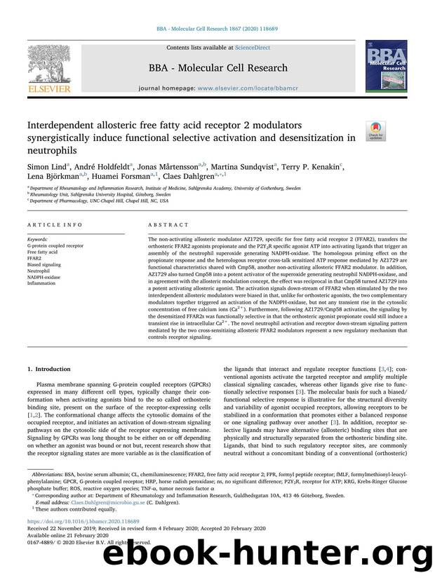 Interdependent allosteric free fatty acid receptor 2 modulators synergistically induce functional selective activation and desensitization in neutrophils by unknow