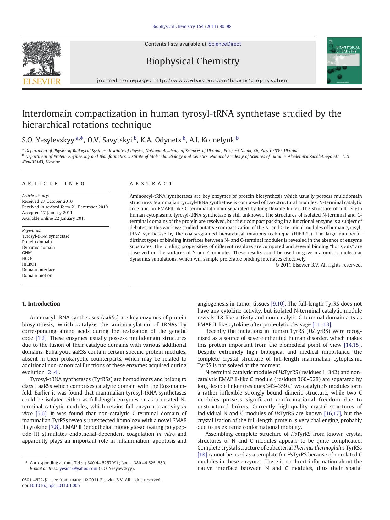 Interdomain compactization in human tyrosyl-tRNA synthetase studied by the hierarchical rotations technique by S.O. Yesylevskyy & O.V. Savytskyi & K.A. Odynets & A.I. Kornelyuk