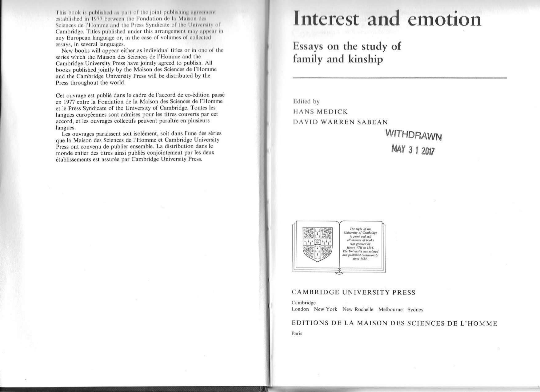 Interest and Emotion: Essays on the Study of Family and Kinship by Hans Medick David Warren Sabean