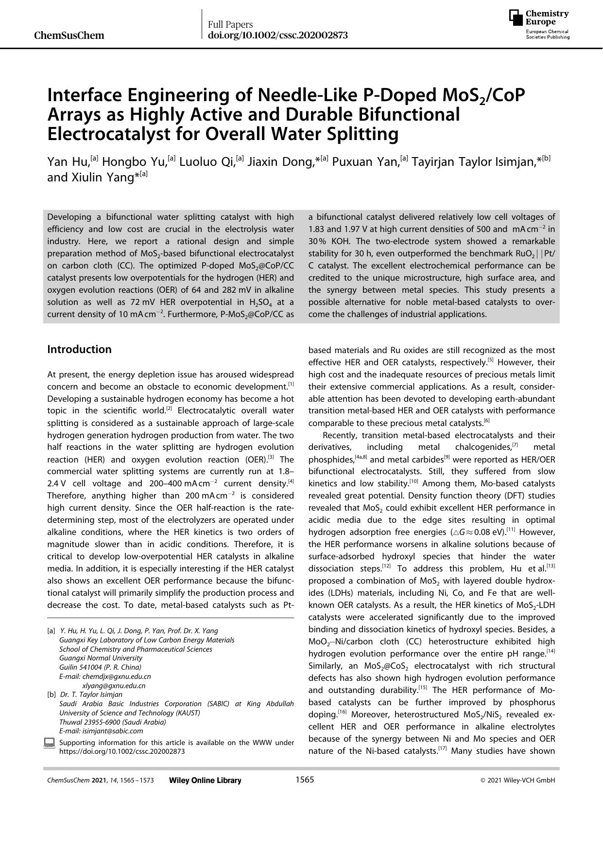 Interface Engineering of NeedleâLike PâDoped MoS2CoP Arrays as Highly Active and Durable Bifunctional Electrocatalyst for Overall Water Splitting by Unknown