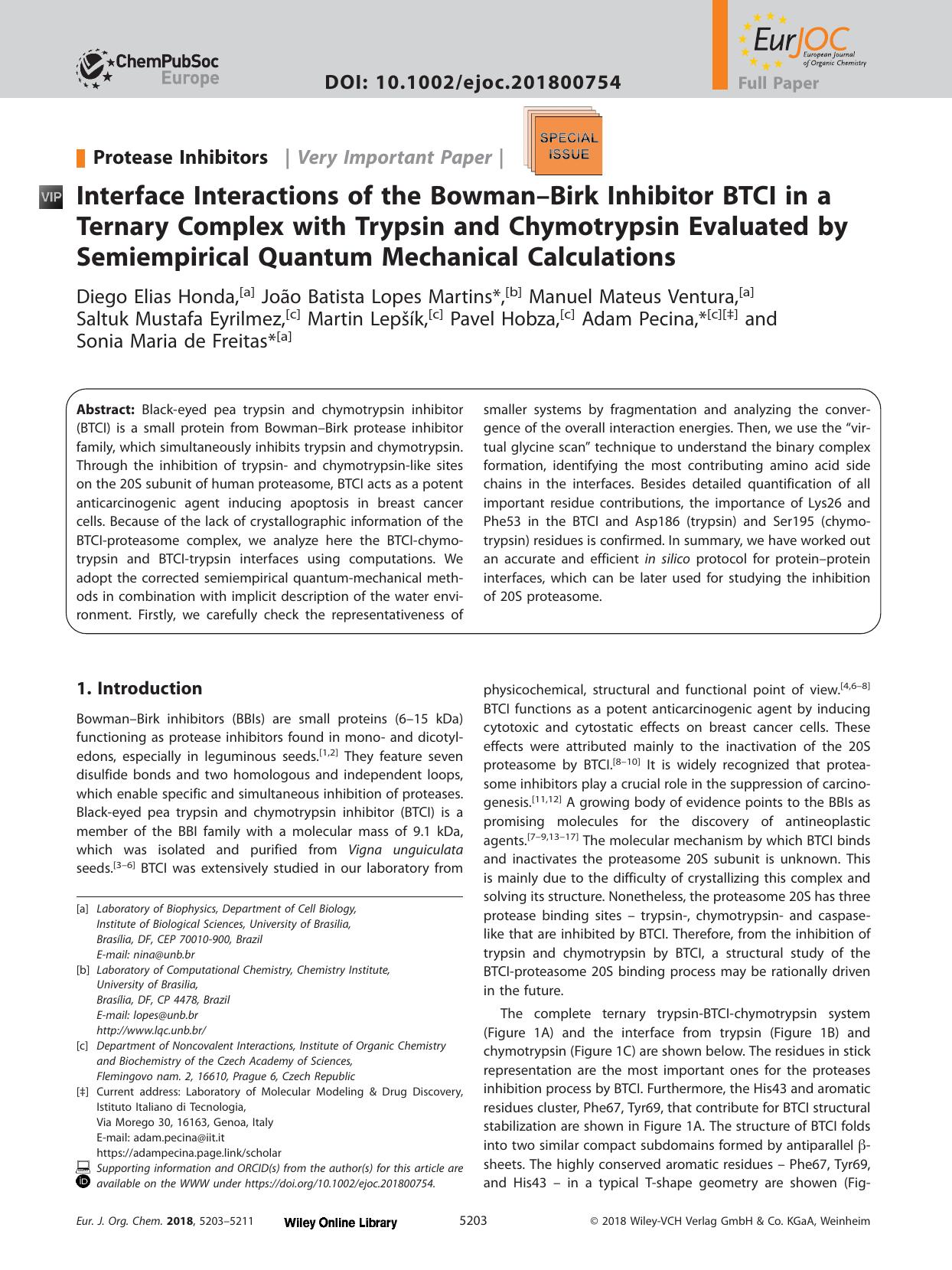 Interface Interactions of the Bowman&#x02013;Birk Inhibitor BTCI in a Ternary Complex with Trypsin and Chymotrypsin Evaluated by Semiempirical Quantum Mechanical Calculations by Unknown