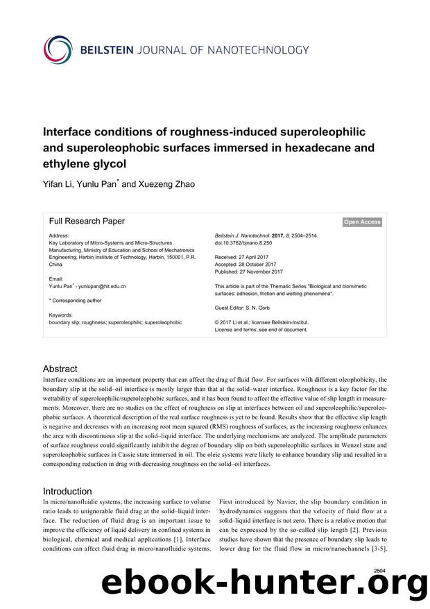 Interface conditions of roughness-induced superoleophilic and superoleophobic surfaces immersed in hexadecane and ethylene glycol by Yifan Li Yunlu Pan Xuezeng Zhao