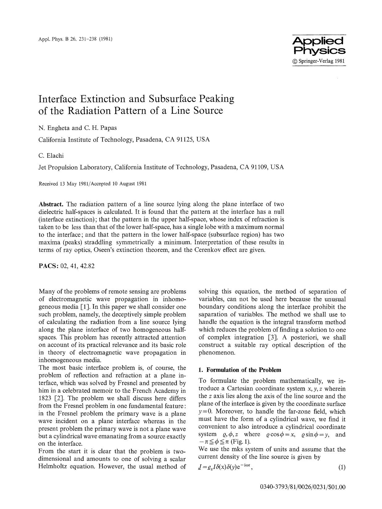 Interface extinction and subsurface peaking of the radiation pattern of a line source by Unknown