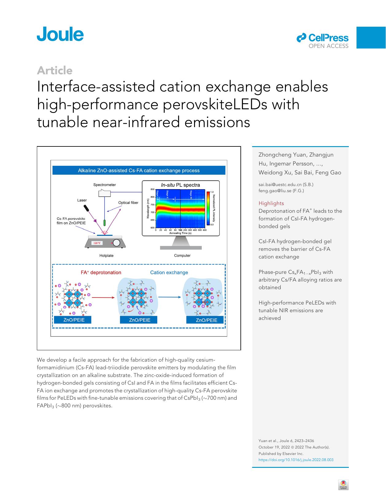 Interface-assisted cation exchange enables high-performance perovskiteLEDs with tunable near-infrared emissions by unknow