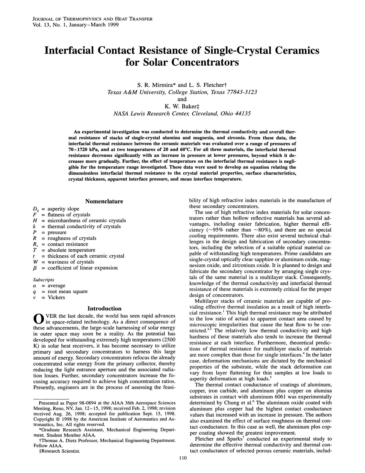 Interfacial Contact Resistance of Single-Crystal Ceramics for Solar Concentrators by Unknown