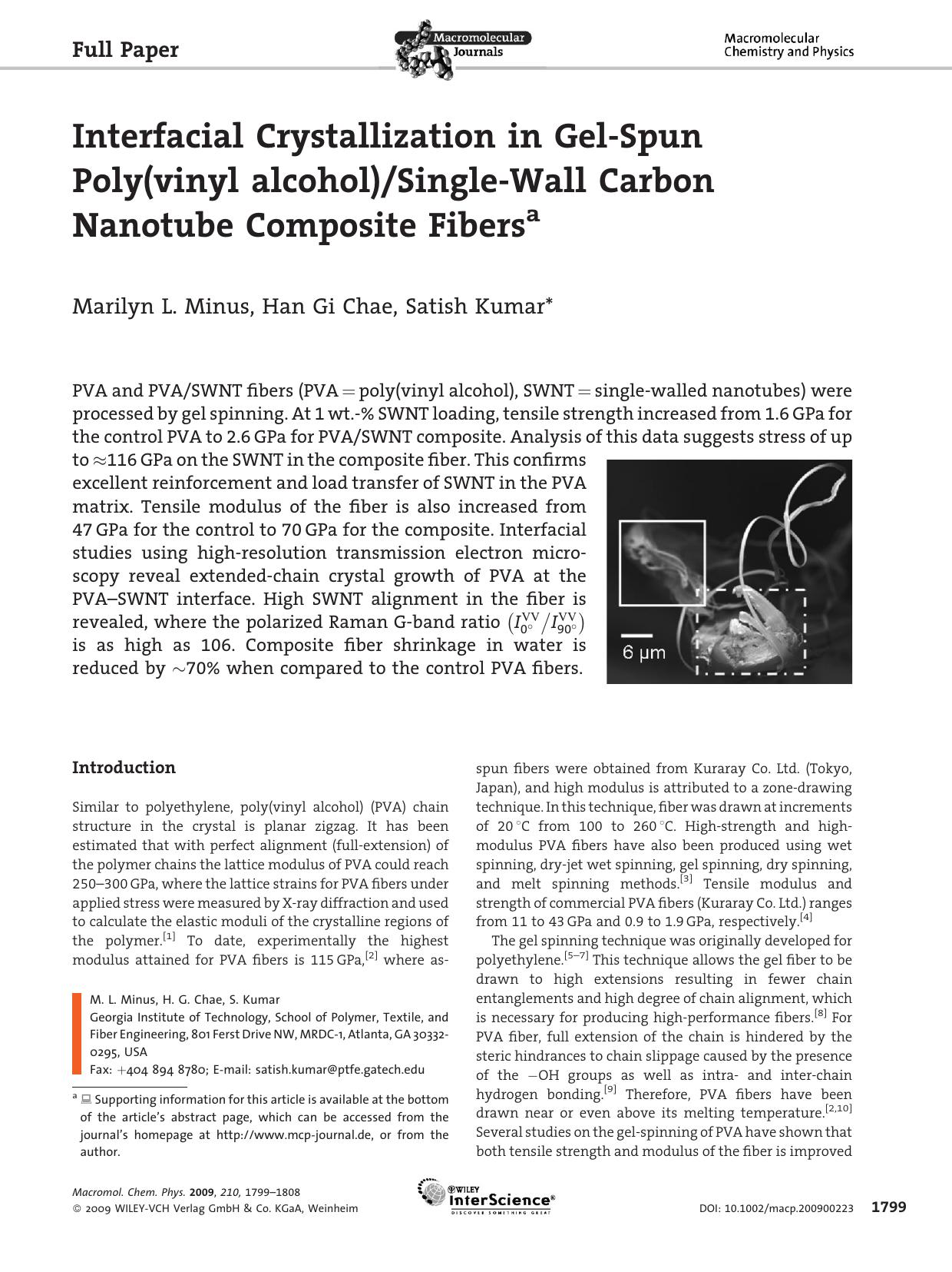Interfacial Crystallization in Gel-Spun Poly(vinyl alcohol)Single-Wall Carbon Nanotube Composite Fibers by unknow