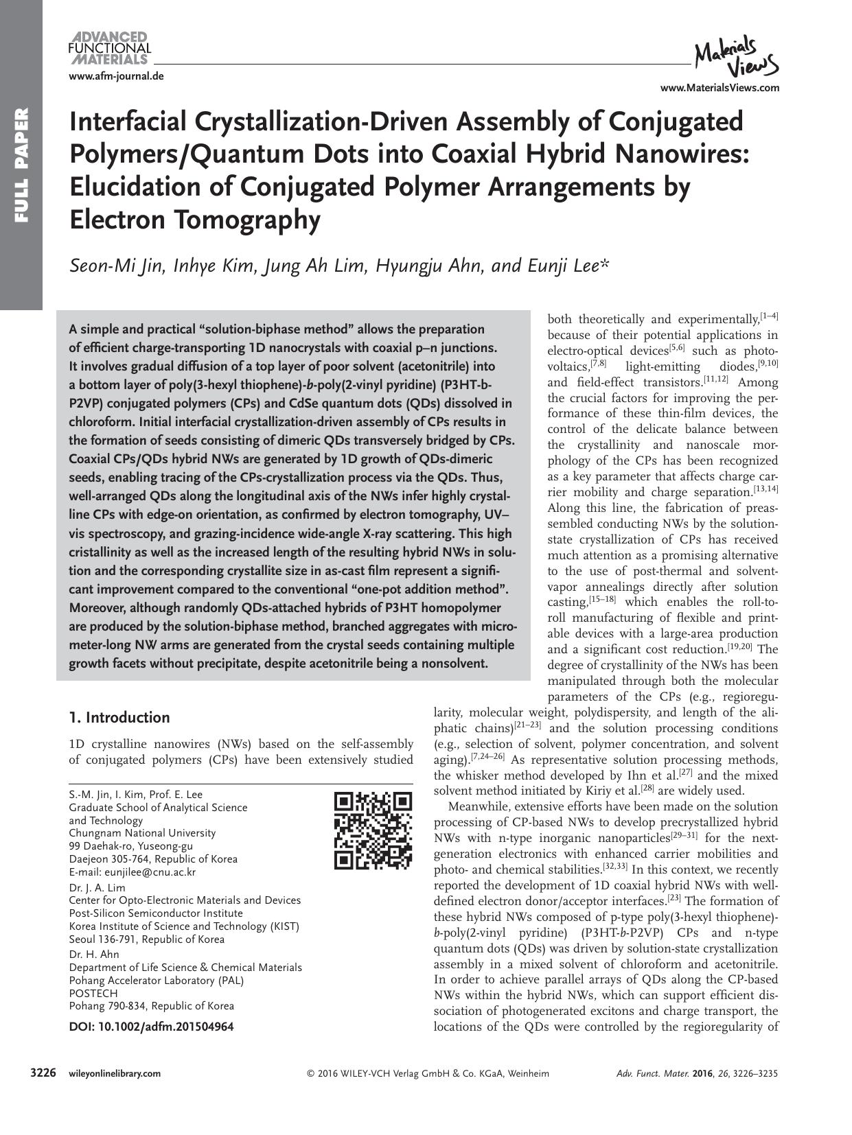 Interfacial Crystallization‐Driven Assembly of Conjugated PolymersQuantum Dots into Coaxial Hybrid Nanowires: Elucidation of Conjugated Polymer Arrangements by Electron Tomography by Unknown