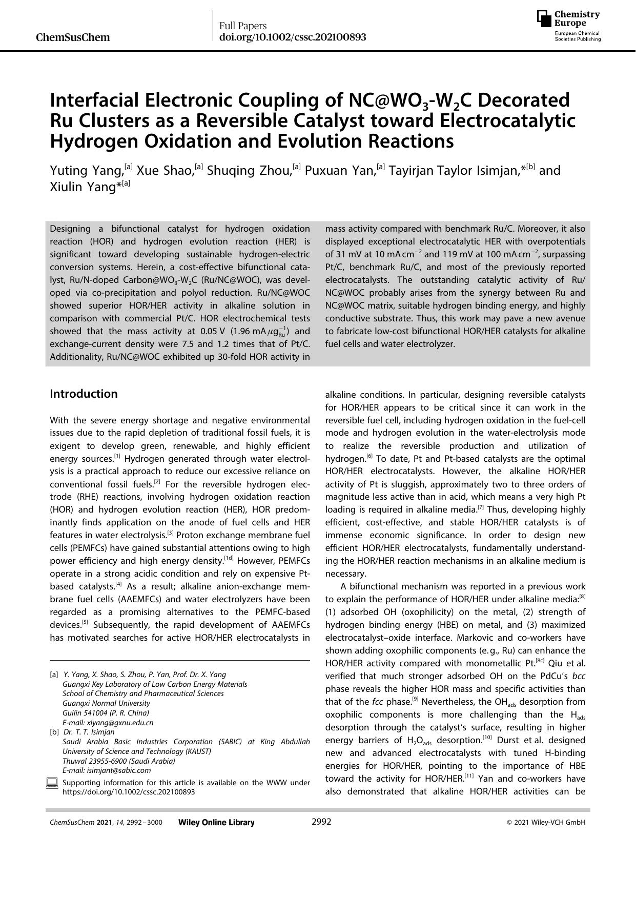 Interfacial Electronic Coupling of NC@WO3âW2C Decorated Ru Clusters as a Reversible Catalyst toward Electrocatalytic Hydrogen Oxidation and Evolution Reactions by Unknown
