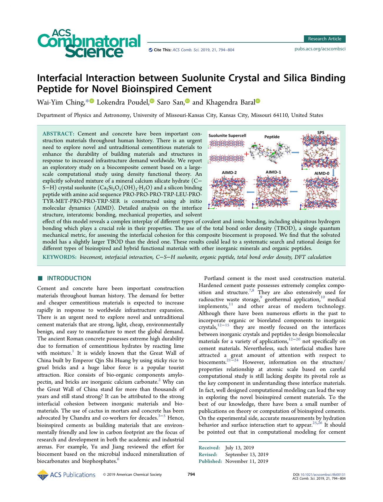 Interfacial Interaction between Suolunite Crystal and Silica Binding Peptide for Novel Bioinspired Cement by Wai-Yim Ching Lokendra Poudel Saro San and Khagendra Baral